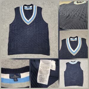 Brooks Brothers Navy V-Neck Sweater with Blue and White Accents